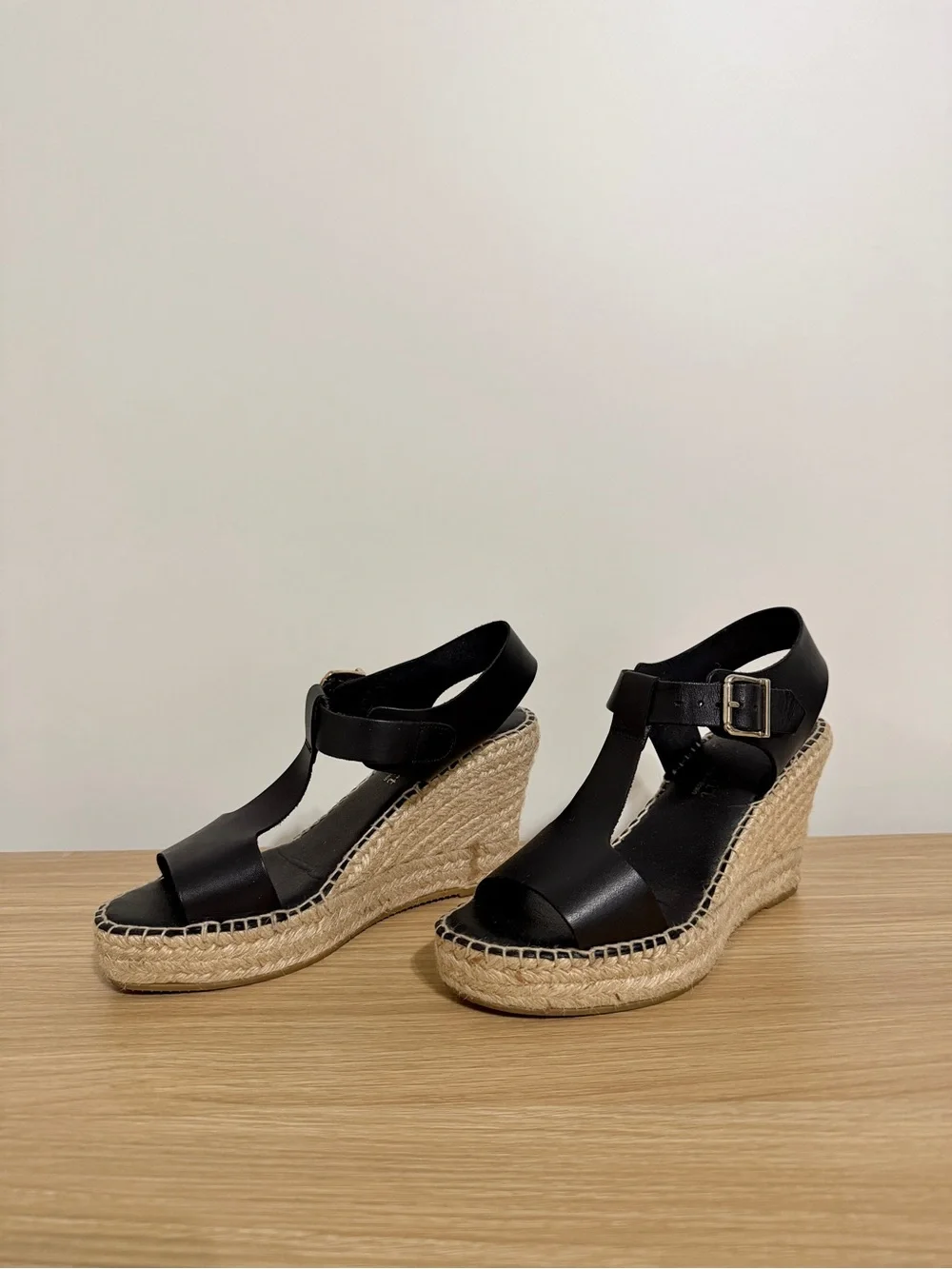 Paseart Black T-Strap Espadrille Wedge Sandals with Padded Sole, Size 39/8.5